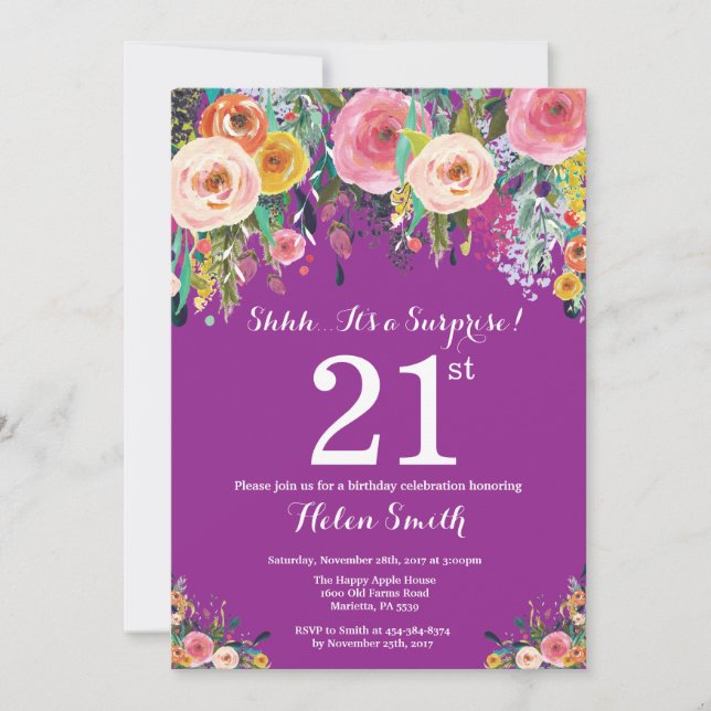 Purple Floral Surprise 21st Birthday Invitation (Front)