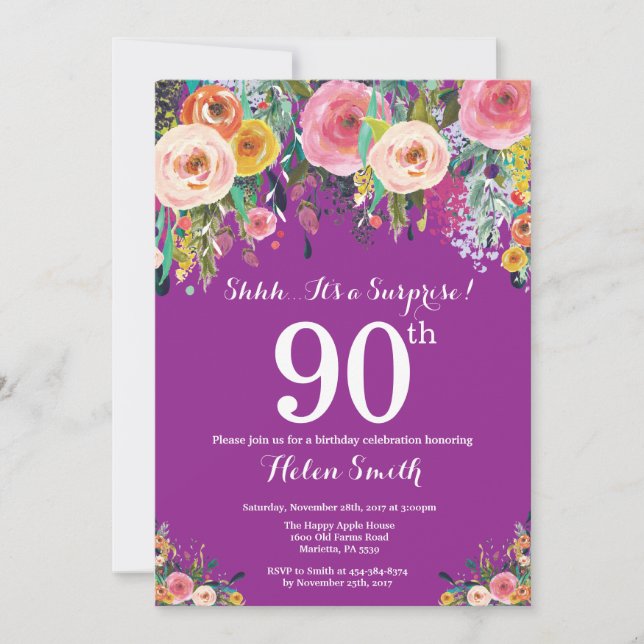 Purple Floral Surprise 90th Birthday Invitation (Front)