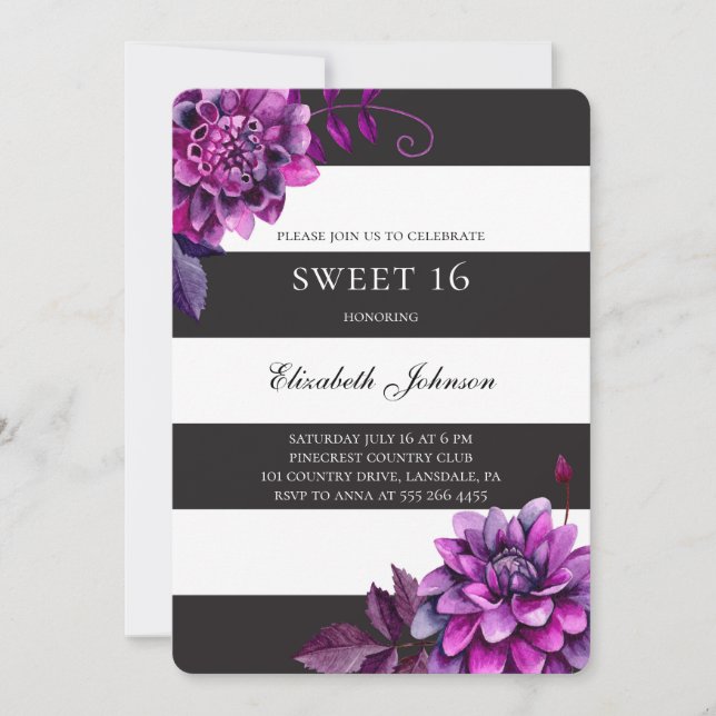 Purple floral sweet 16. Black and white birthday Invitation (Front)