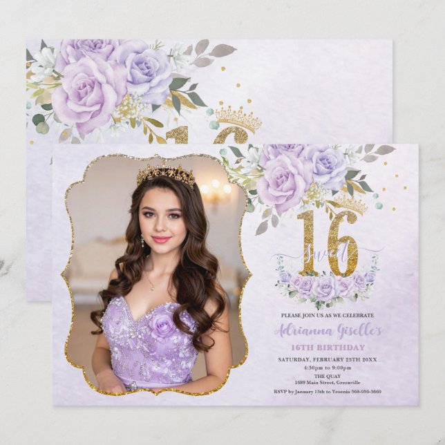 Purple Floral Sweet Sixteen 16th Birthday Photo Invitation (Front/Back)