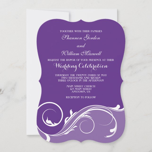 Purple Floral Swirl Bracket Wedding Invites (Front)