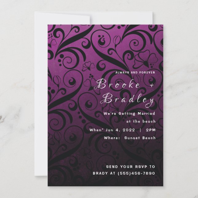 Purple Floral Swirl Wedding Invitation (Front)