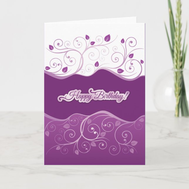 Purple floral swirls happy birthday card for girl (Front)