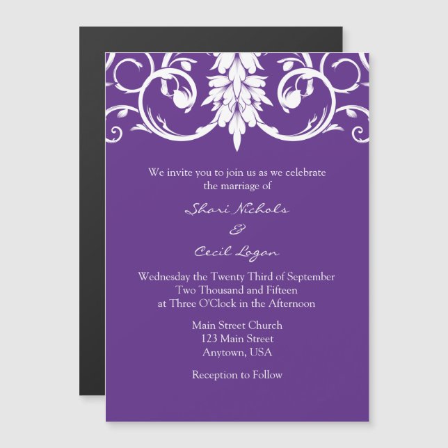 Purple Floral Swirls Magnetic Wedding Invites (Front/Back)