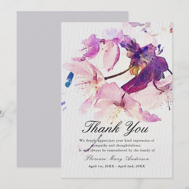 Purple Floral Sympathy Memorial Thank You Card (Front/Back)