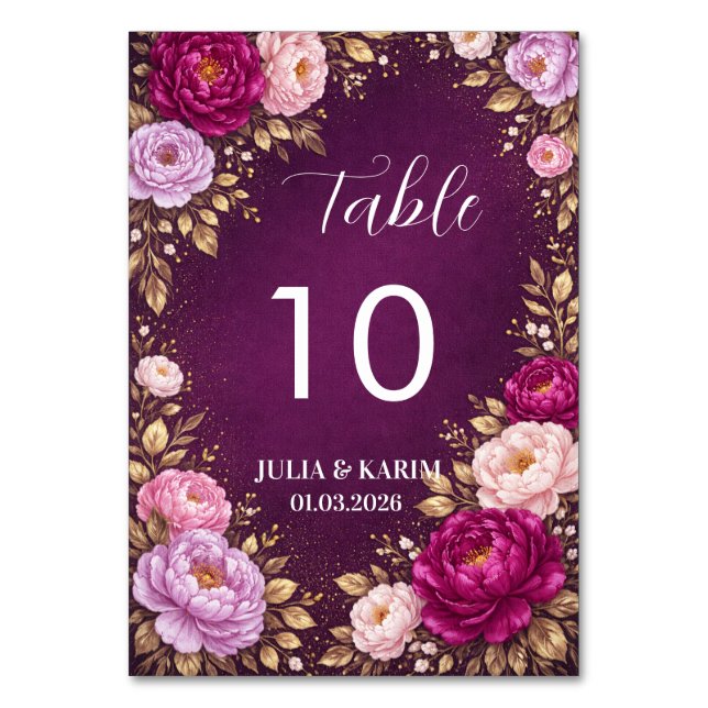 Purple Floral Table Number Cards Wedding Reception (Front)