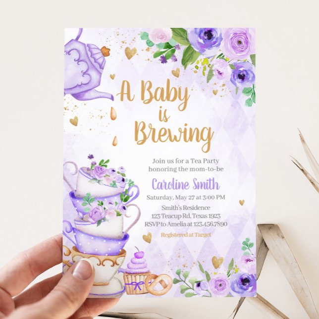 Purple Floral Tea Party Baby Shower Invitation (Tea Party Baby Shower Invitation
)