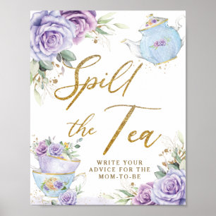Purple Floral Tea Party Baby Shower Spill The Tea Poster
