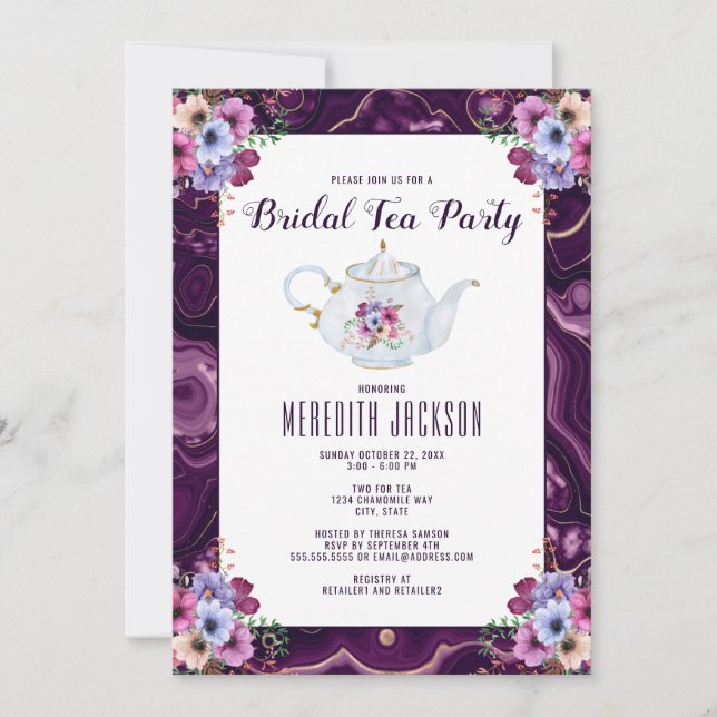 Purple Floral Tea Party Bridal Shower Invitation (Front)