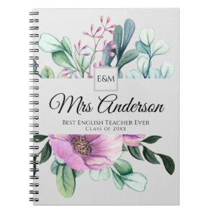 Purple Floral TEACHER Gift - Add Name Class Year Notebook