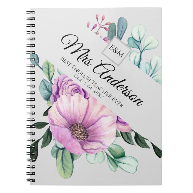 Purple Floral TEACHER Gift - Add Name Class Year Notebook (Front)