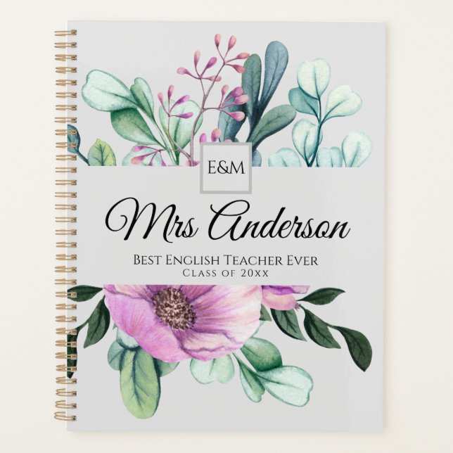 Purple Floral TEACHER Gift - Add Name Class Year Planner (Front)