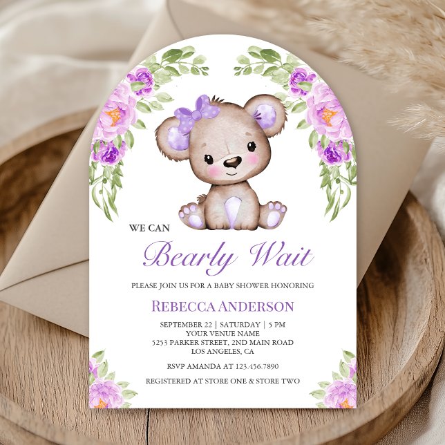 Purple Floral Teddy Bear Arch Baby Shower Invitation (Creator Uploaded)
