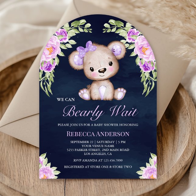 Purple Floral Teddy Bear Arch Navy Baby Shower Invitation (Creator Uploaded)