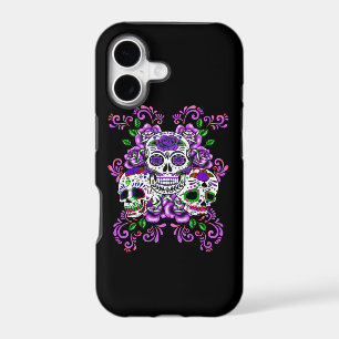 Purple Floral Triple Sugar Skull Day Of The Dead