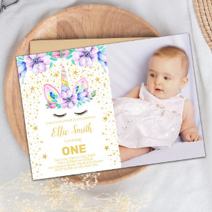 Purple Floral Unicorn Birthday Invitation with Pho