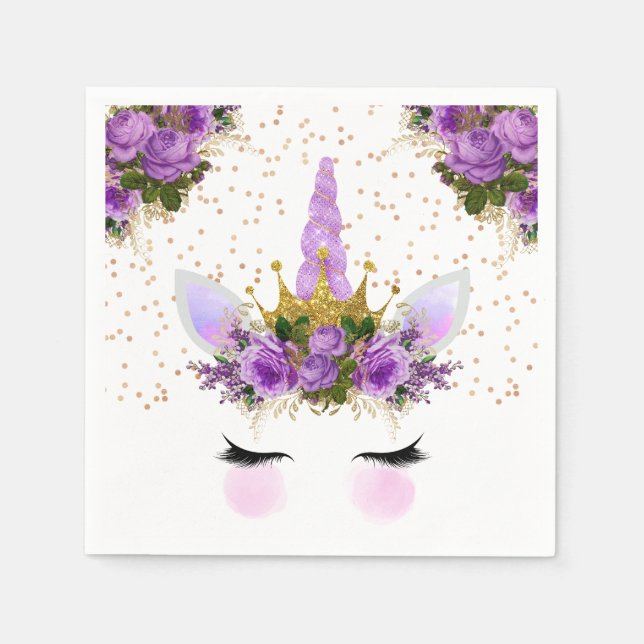 Purple Floral Unicorn Princess Napkin (Front)