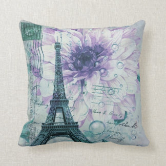 purple floral Vintage Paris Eiffel Tower Cushion