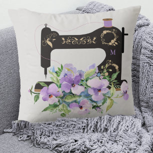 Purple Floral Vintage Sewing Machine Monogram Cushion