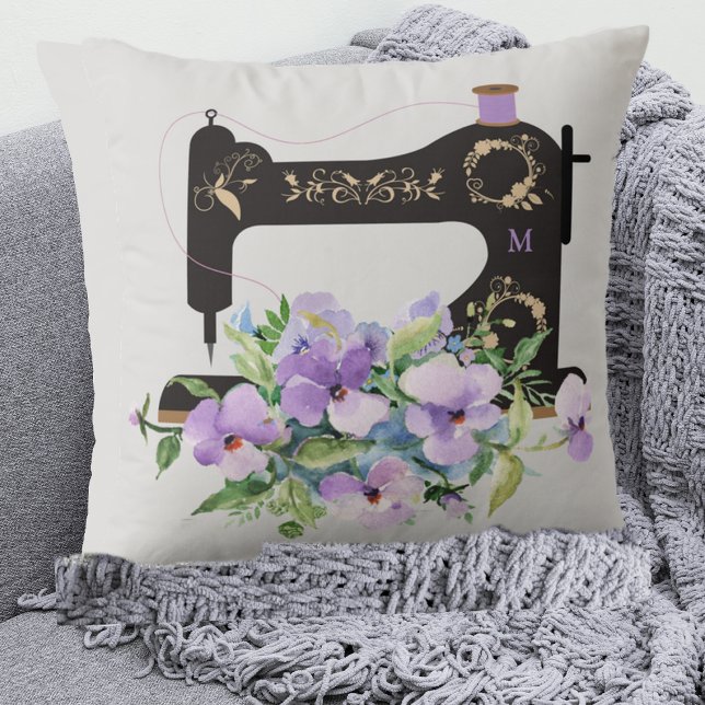 Purple Floral Vintage Sewing Machine Monogram Cushion (Creator Uploaded)
