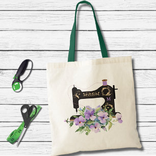 Purple Floral Vintage Sewing Machine Monogram Tote Bag