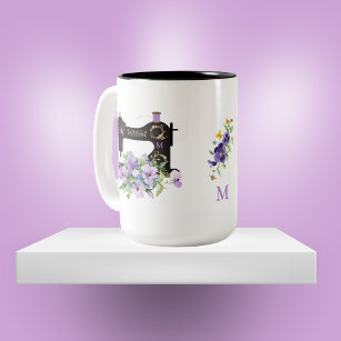 Purple Floral Vintage Sewing Machine Monogram Two-Tone Coffee Mug