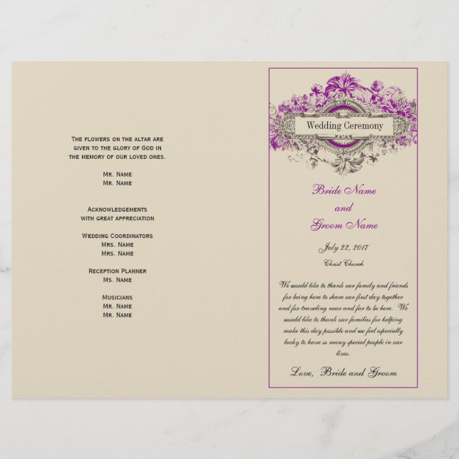 Purple Floral Vintage Wedding Program (Front)