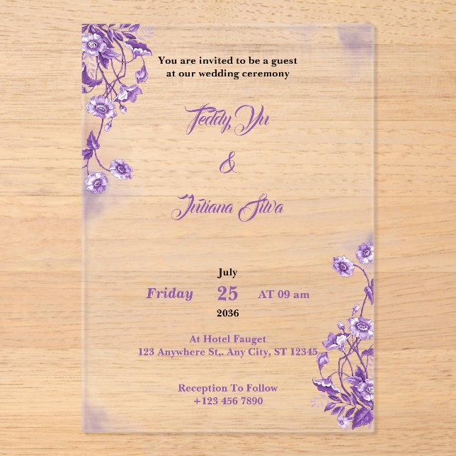 Purple Floral Watercolor acrylic wedding invite Invitations (Front)