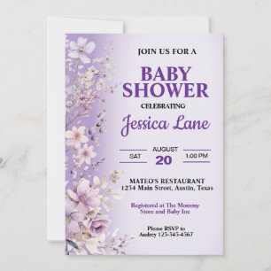 Purple Floral Watercolor Baby Shower Invitation