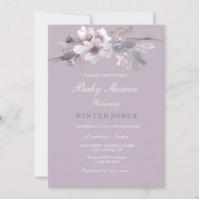 Purple Floral Watercolor Baby Shower Invite (Front)