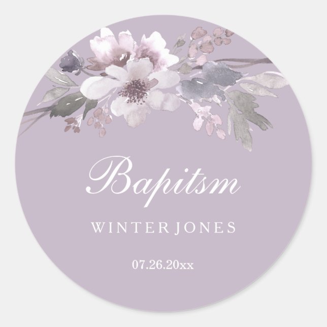 Purple Floral Watercolor Baptism Sticker (Front)