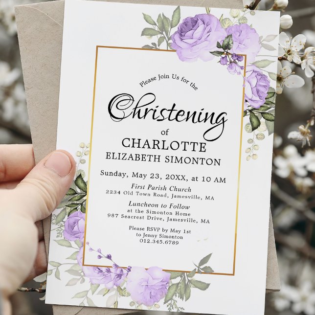 Purple Floral Watercolor Christening Invitation (Creator Uploaded)
