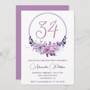 Purple Floral Watercolor Elegant 34th birthday Invitation