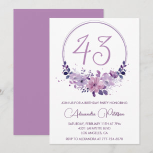  Purple Floral Watercolor Elegant 43rd birthday Invitation