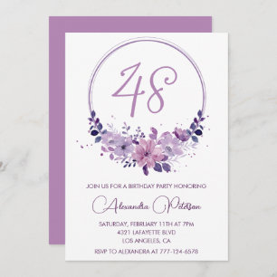 Purple Floral Watercolor Elegant 48th birthday Invitation