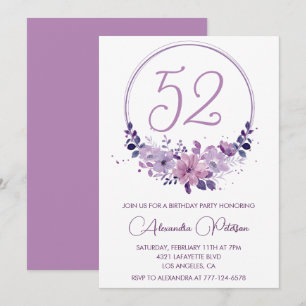 Purple Floral Watercolor Elegant 52nd birthday Invitation