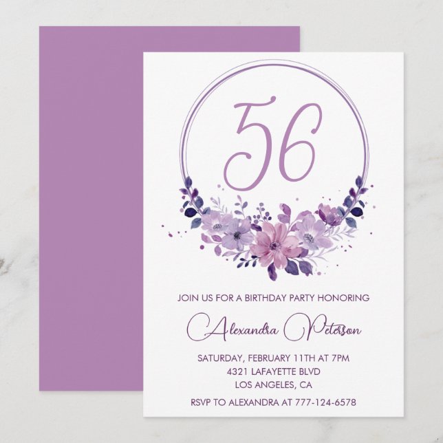  Purple Floral Watercolor Elegant 56th birthday Invitation (Front/Back)