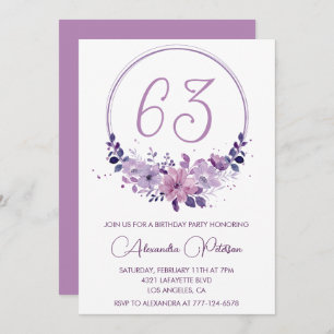Purple Floral Watercolor Elegant 63rd birthday Invitation