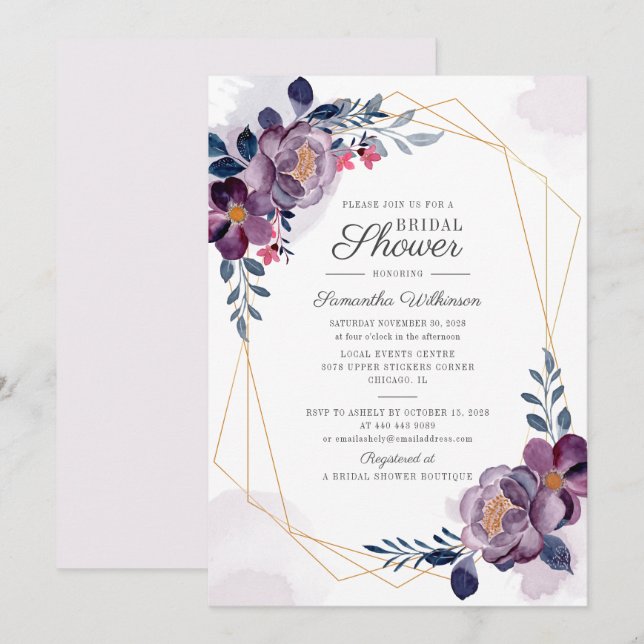 Purple Floral Watercolor Geometric Bridal Shower Invitation (Front/Back)