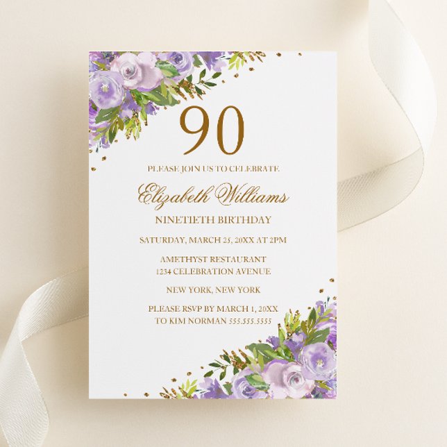Purple Floral Watercolor Gold 90th Birthday Invitation (Creator Uploaded)
