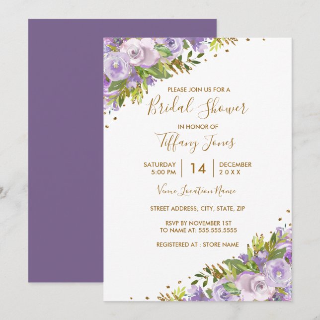 Purple Floral Watercolor Gold Bridal Shower Invitation (Front/Back)