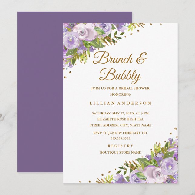 Purple Floral Watercolor Gold Brunch And Bubbly Invitation (Front/Back)