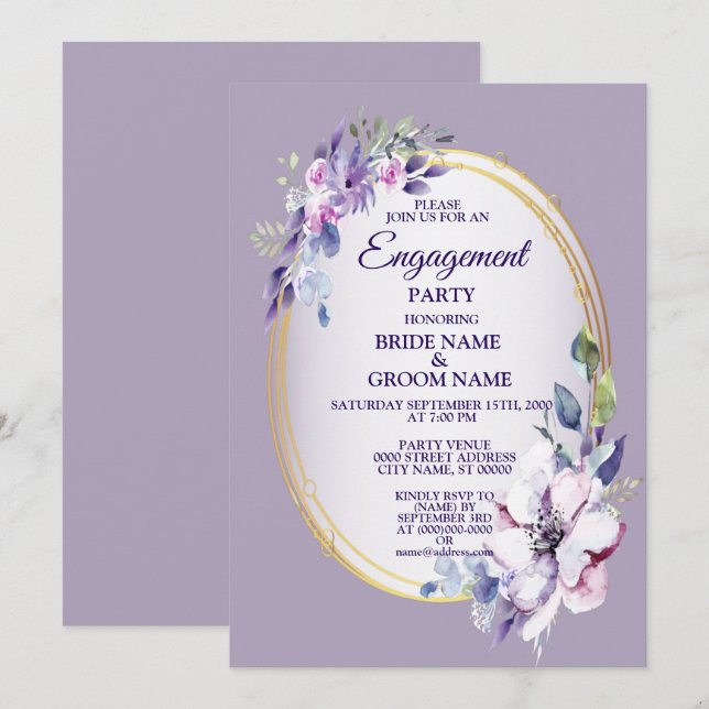 Purple Floral Watercolor Golden Engagement Party Invitation (Front/Back)