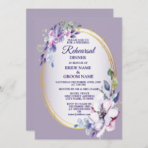 Purple Floral Watercolor Golden Rehearsal Dinner Invitation