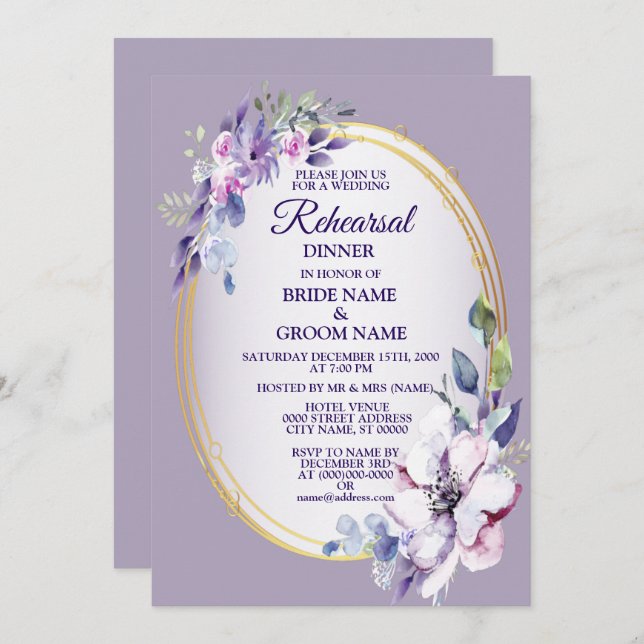 Purple Floral Watercolor Golden Rehearsal Dinner Invitation (Front/Back)