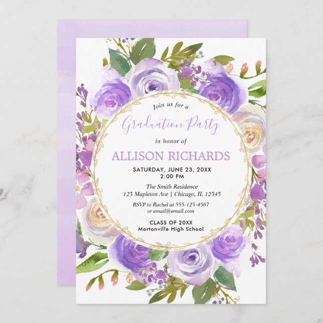 Purple Floral watercolor graduation party Invitation (Front/Back)
