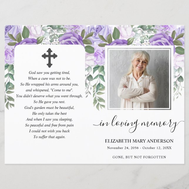 Purple Floral Watercolor Photo Funeral Program (Front)