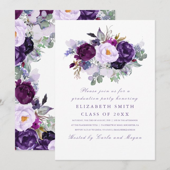 Purple Floral Watercolor Romantic Graduation Party Invitation (Front/Back)