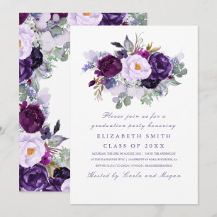 Purple Floral Watercolor Romantic Graduation Party Invitation