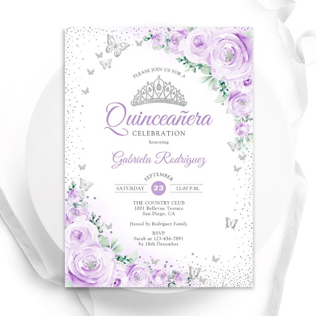 Purple Floral Watercolor Roses Quinceanera Invitation (Creator Uploaded)
